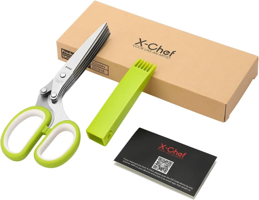 Herb Scissors, X-Chef Multipurpose 5 Blade Kitchen Herb Shears Herb Cutter with Safety Cover and Cleaning Comb for Chopping Basil Chive Parsley (Green)