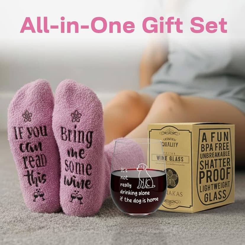 FUNNY WINE GLASSES + WINE SOCKS -16 oz Unbreakable Stemless Wine Glass With Sayings & Fuzzy Girl Socks “If You Can Read This, Bring Me Some Wine"