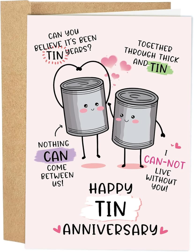 Funny 10 Years Anniversary Card, Cute Tin Pun 10th Anniversary Card for Husband Wife, Hilarious Ten Years Anniversary Card for Him Her, Happy Tin Wedding Anniversary Card