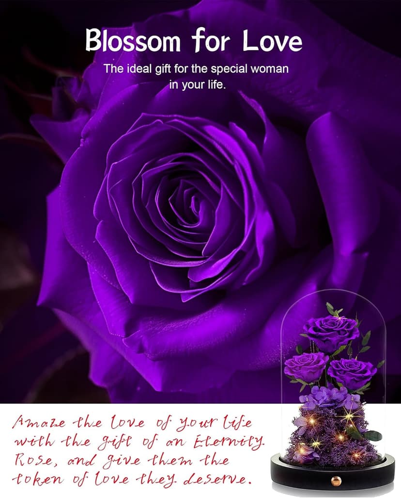 Christmas Flowers Roses Gifts for Mom,Forever Real Preserved Roses in Glass Dome,Christmas Anniversary Thanksgiving Gifts for Wife Girlfriend Women Best Friend Grandma/Purple Rose