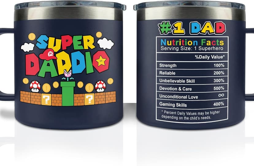 Gossby 14oz Super Daddio Travel Coffee Mug Tumbler - No. 1 Dad Nutrition Facts - Christmas, Fathers Day, Birthday Gift for Dad from Daughter Son Kid - Insulated Stainless Steel Cup with Handle