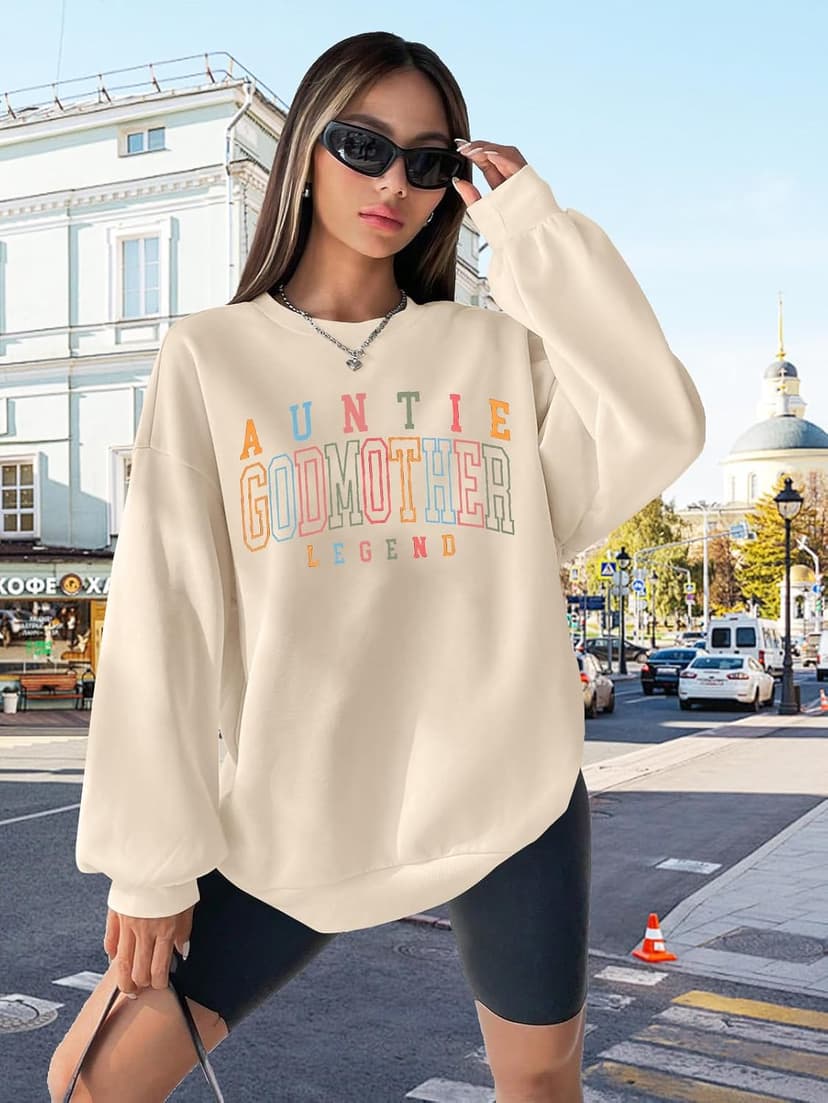 KIDDAD Women's Auntie Sweatshirt Cool Aunt Godmother Legend Crewneck Pullover Top Long Sleeve Graphic Aunts Shirt