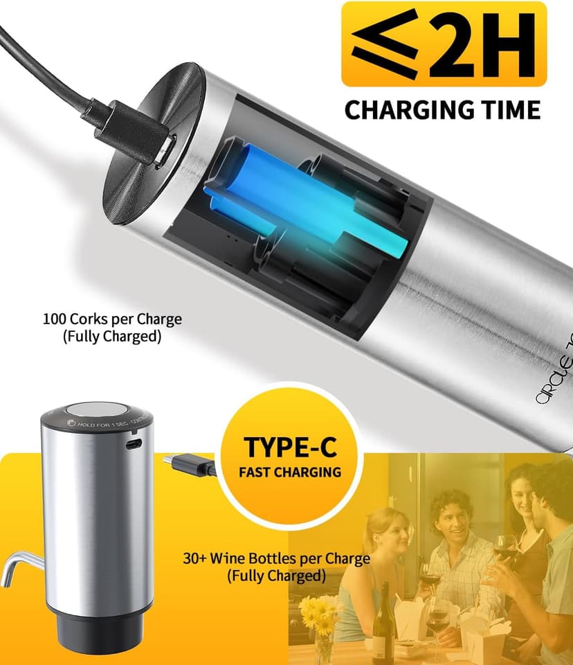 CIRCLE JOY Rechargeable Electric Wine Opener Set 8-in-1 Stainless Steel Automatic Wine Bottle Opener Gift Set w/Electric Wine Aerator Pourer, Foil Cutter, Wine Drip Ring, Vacuum Pump & 2 Wine Stoppers