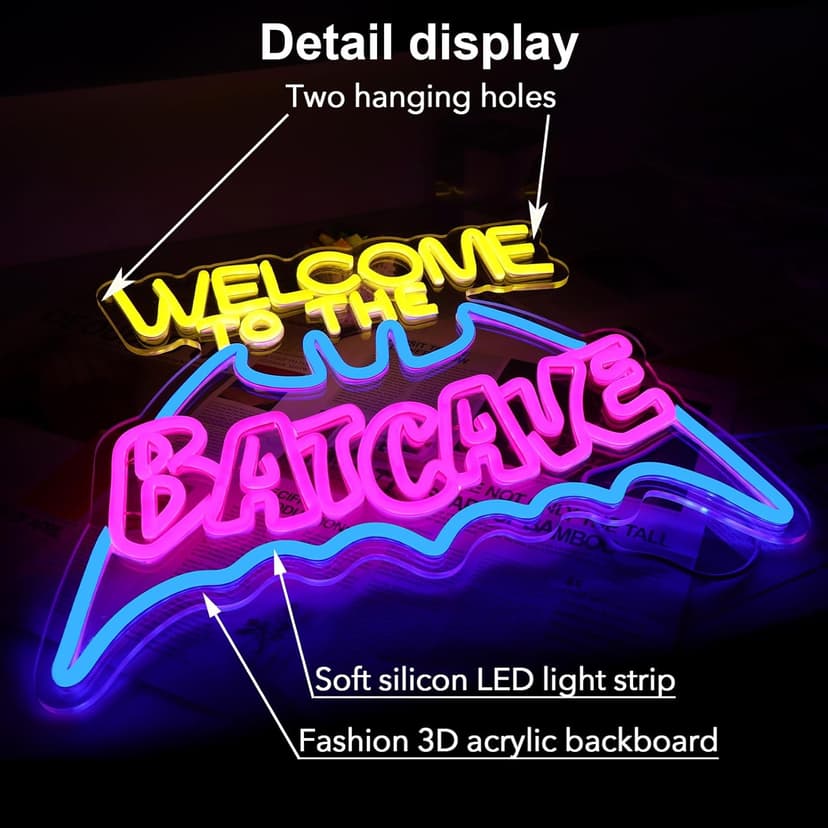 Bat Cave Neon Sign - Wall Decor, Halloween Deocr, Room, Funny Home Decor, Neon Light, LED Sign, Hanging, Bedroom, Dorm, Man Cave, Christmas Supply (USB)