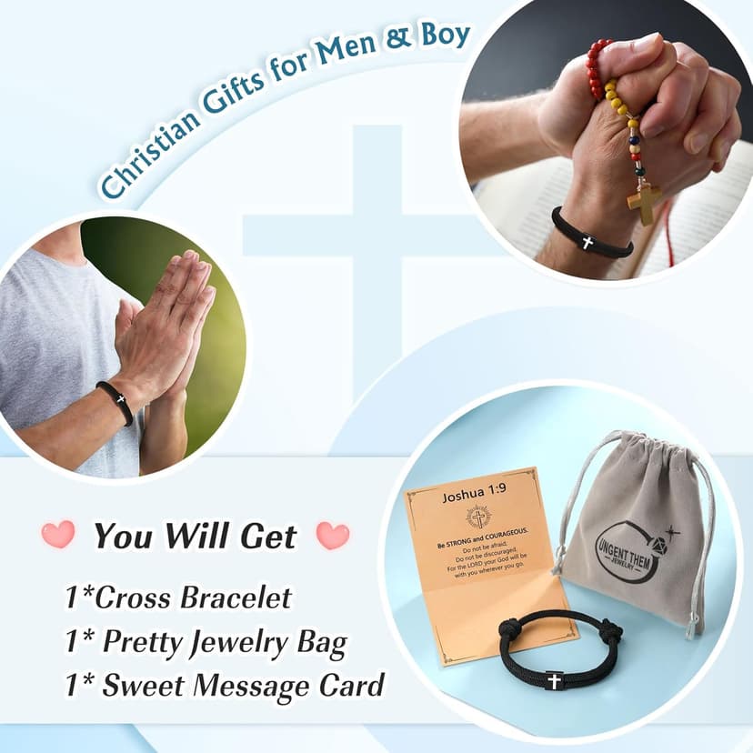 UNGENT THEM Men Adjustable Rope Cross Bracelet - Easter Christmas Christian Baptism Birthday Gifts for Teens