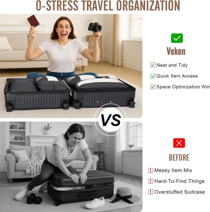 Veken 10 Set/8 Set Packing Cubes for Travel Essentials, Suitcase Organizer Bags in 4 Sizes, Carry-On Luggage Accessories with Large Laundry & Toiletry Bag, Must-Have for Airplane, Road Trip & Camping