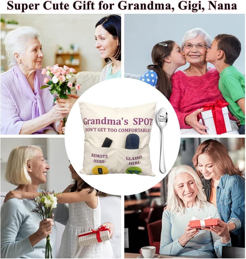 Grandma Gifts, 2-Pocket Grandma’s Spot Throw Pillow Covers 18x18 Inch + Engraved Spoon, Birthday Christmas hanksgiving Day Gifts for Grandma Mom Gigi Nana Mimi