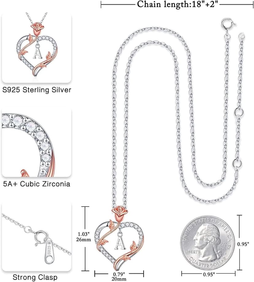 Iefil Rose Heart Necklaces Gifts for Women - 925 Sterling Silver Heart Initial Necklace, Anniversary Birthday Gifts for Women, Jewelry Gift for Wife Wife Girlfriend Mom