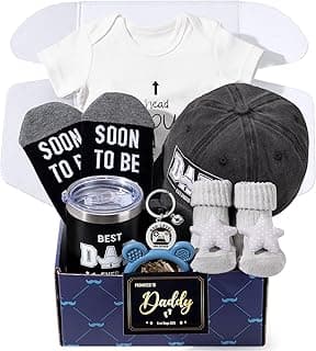 New Dad Gifts Box, 9 Pcs First Time Dad Gifts, Dad to Be Gifts for 1st Time with Tumbler Hat Onesie Socks Keychain for Baby Shower,Unique Kit for Soon to Be or Expecting Father