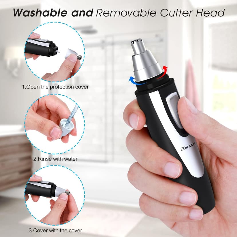 ZORAMI Ear and Nose Hair Trimmer Clipper - 2025 Professional Painless Eyebrow & Facial Hair Trimmer for Men Women, Battery-Operated Trimmer with IPX7 Waterproof, Dual Edge Blades for Easy Cleansing Black