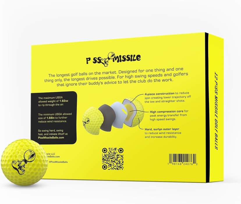 P*ss Missile Distance Golf Balls - 4-Piece Design, Surlyn Cover, High Compression Core - Lower Spin, Better Trajectory for Longer, Straighter Shots