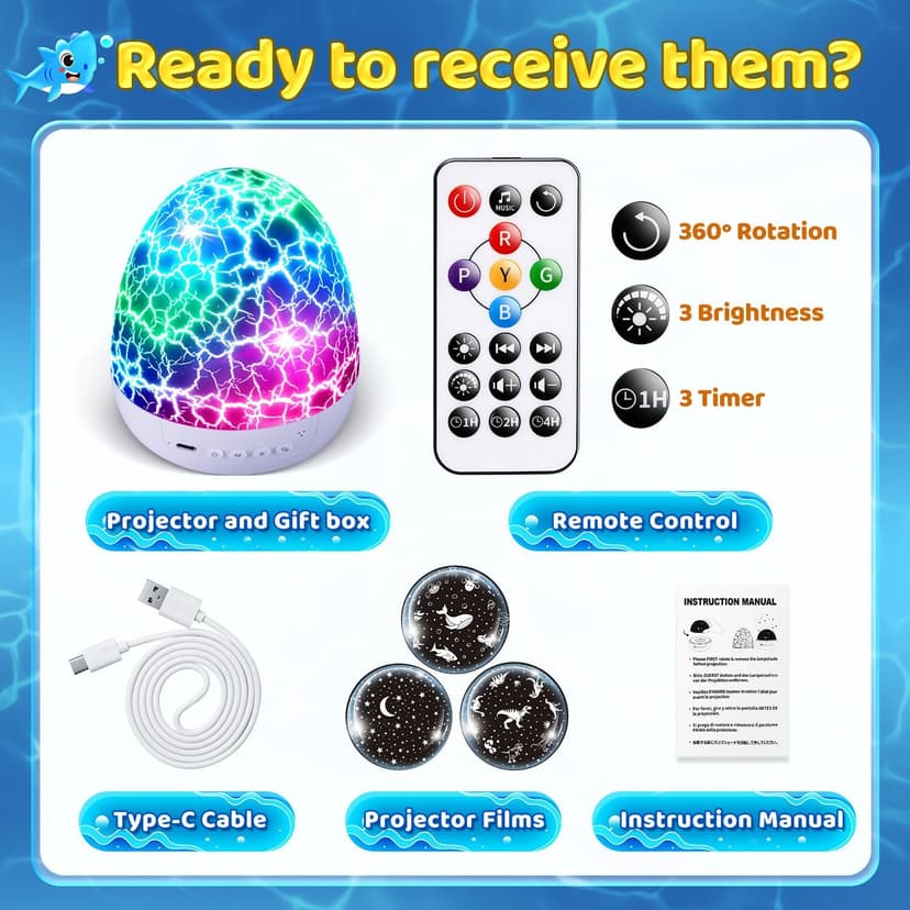 Baby Toys Sensory Toys for Boys Sound Machine Night Light Projector Autism Toys Kids Christmas Gifts | 15 White Noise 3D Films 31Colors Remote Control Night Light for Kids, Baby Boy Gifts Egg Light