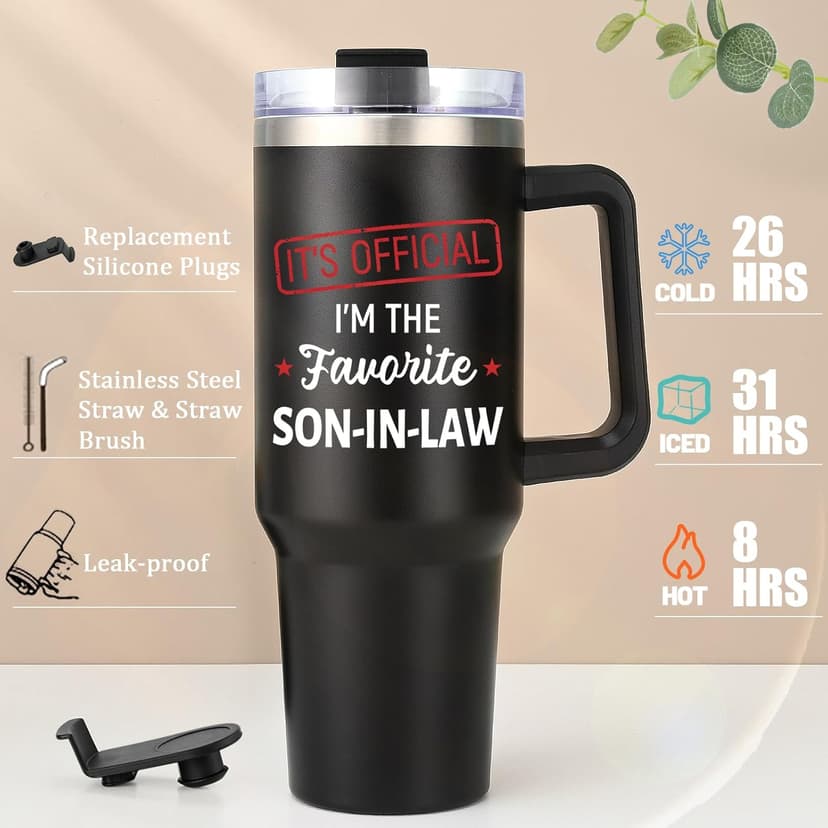 Lifecapido Son in Law Gifts, Favorite SON-IN-LAW 40oz Tumbler with Handle, Birthday Fathers Day Christmas Engagement Wedding Gifts for Son in Law from Mom in Law Dad in Law, Black