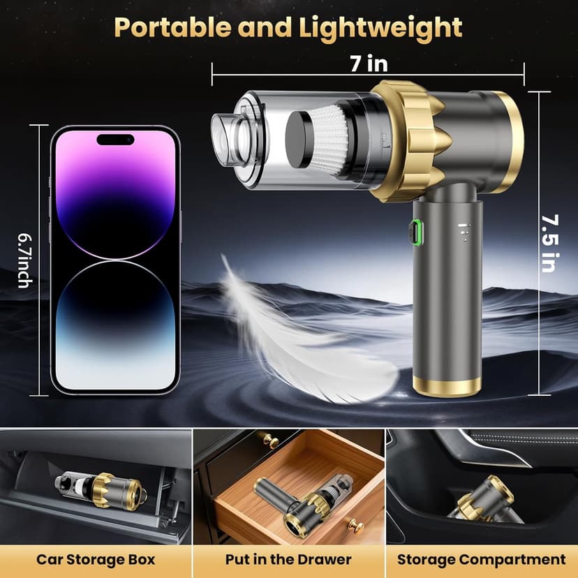 Car Vacuum Portable Cordless - Handheld Vacuum Cleaner with 16000PA Strong Suction, 7-in-1 Air Duster/Blower, Rechargeable Mini Vacuum with Long Battery, Multi-Nozzles for Car,Home, Office, Pet