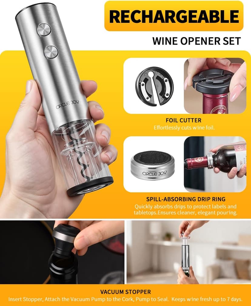 CIRCLE JOY Rechargeable Electric Wine Opener Set 8-in-1 Stainless Steel Automatic Wine Bottle Opener Gift Set w/Electric Wine Aerator Pourer, Foil Cutter, Wine Drip Ring, Vacuum Pump & 2 Wine Stoppers
