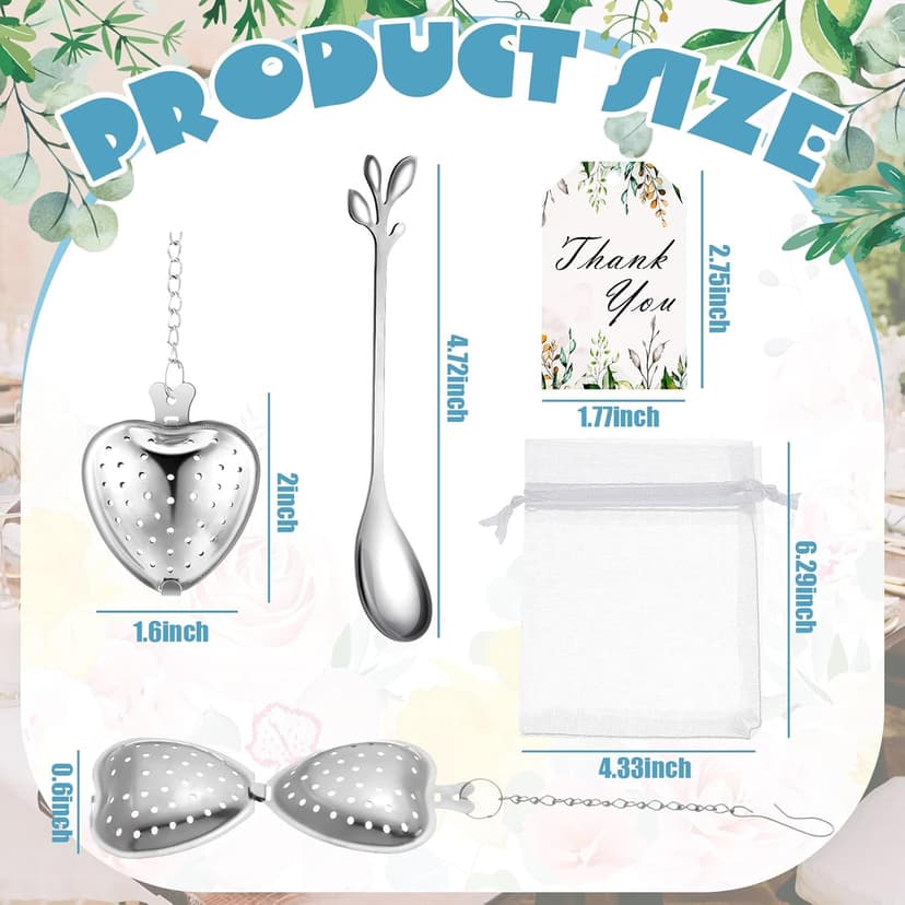 25 Sets Bridal Shower Tea Party Favor for Guest Leaf Tea Spoon Heart Shape Infuser Ball for Loose with Thank You Card Organza Bag Wedding Souvenir Gift(Silver)
