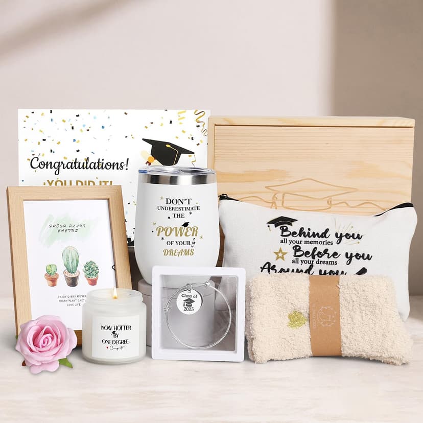 2025 Graduation Gifts,Congratulations Gifts for Her with 12 OZ Wine Tumbler,Candle,Frames,Keychain,Senior College Graduation Gifts for Daughter Son Niece Nephew,Personalized Makeup Bag for Friend