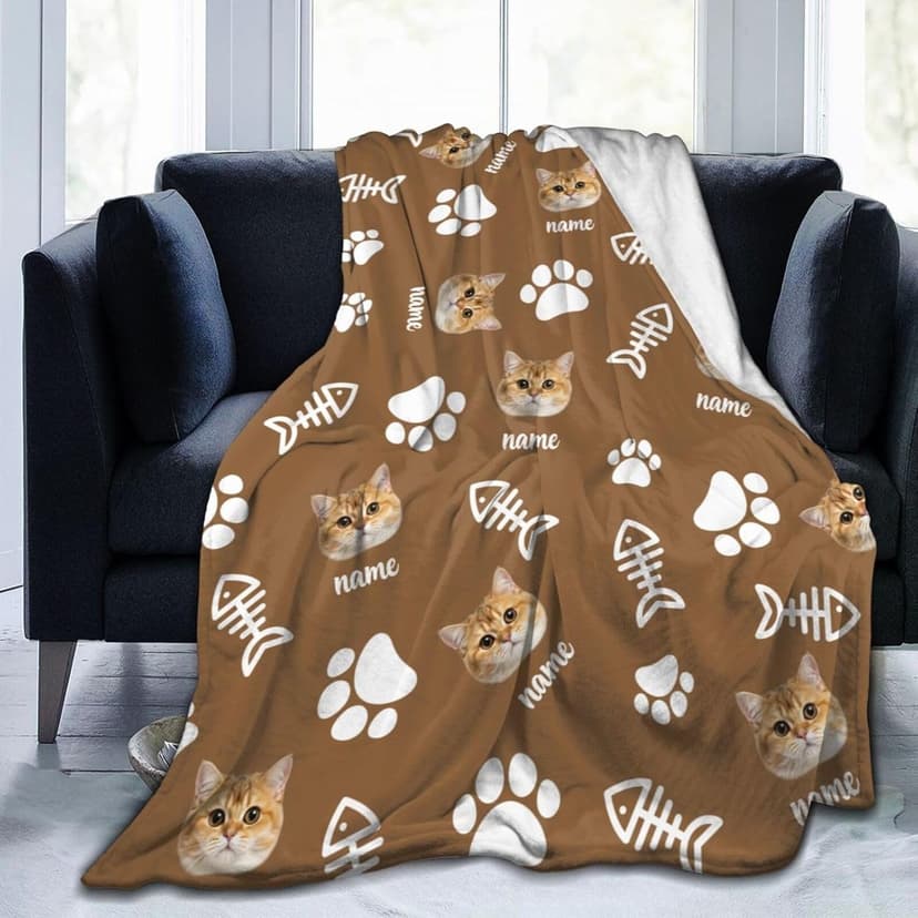 Personalized Cat Face Blanket Throws with Photos, Custom Pet Face Blanket, Cat Gifts for Pet Lovers, Customized Puppy Blanket for Adult Kid Birthday Christmas Fathers Mothers Valentines Gift