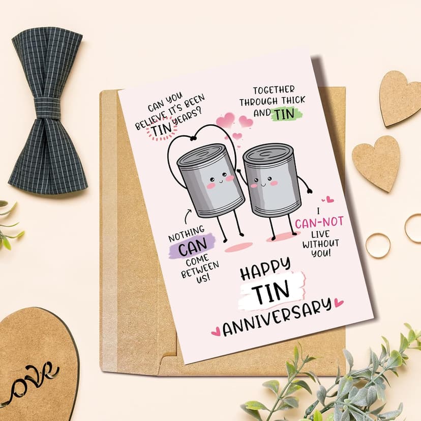 Funny 10 Years Anniversary Card, Cute Tin Pun 10th Anniversary Card for Husband Wife, Hilarious Ten Years Anniversary Card for Him Her, Happy Tin Wedding Anniversary Card