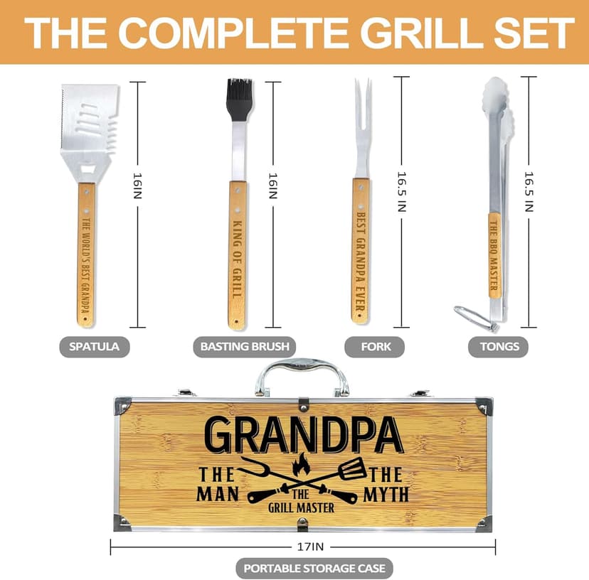 Grandpa Gifts from Grandkids, Fathers Day Grandpa Gift Heavy Duty Wooden BBQ Grilling Accessories Kit for Backyard, Thick Stainless Steel Grill Utensils with Non-Slip Handle Tools in Portable Bag