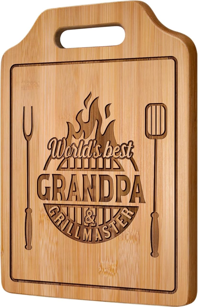 AceThrills Grandpa Gifts for Grandpa Birthday, Christmas, Fahthers Day - Grill Master Engraved Bamboo Cutting Board 12.3"L x 8.7"W x 0.4"Th (World's Best Grandpas)