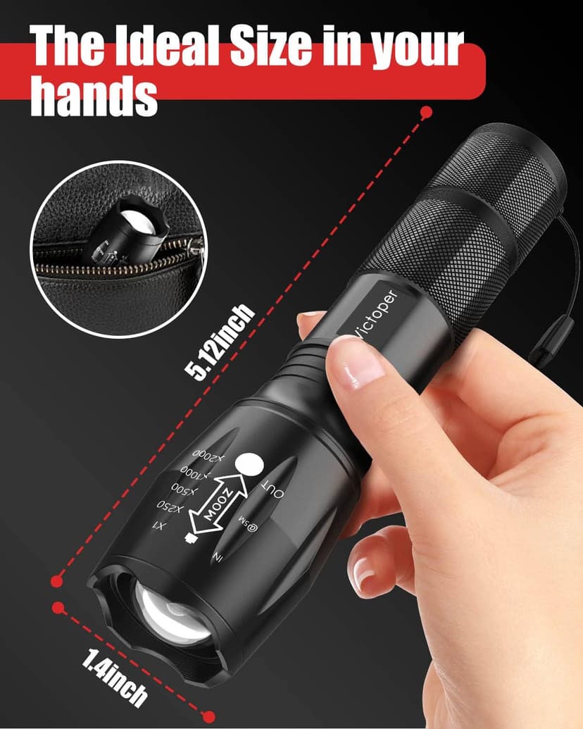 Victoper LED Flashlight 2 Pack, Bright Tactical Torch High Lumens with 5 Modes, Waterproof Zoomable Flash Light for Outdoor, Gifts for Men, Dorm Room Hunting Camping Essentials Gear for Guys