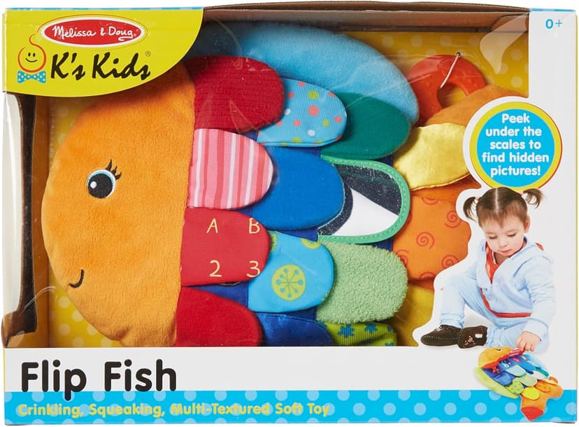 Melissa & Doug K’s Kids, Flip Fish Stuffed Animal, Soft Baby Book, Multi-Textured Squeaking & Crinkling Infant Sensory Toys for Babies with Baby Mirror, Tummy Time Toys for Infants Ages 0–9 Months
