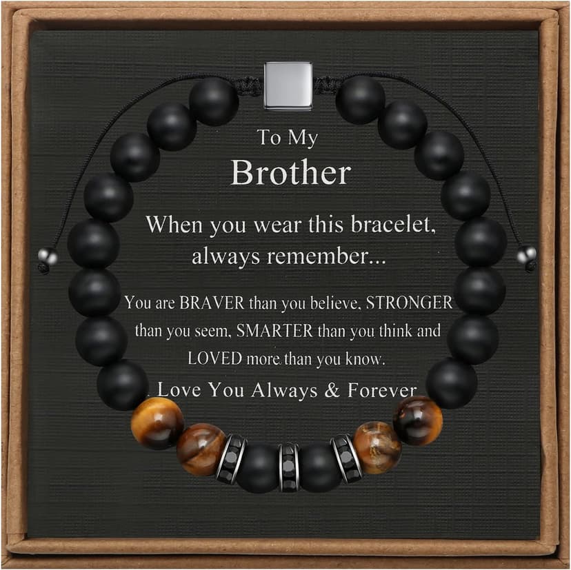 JoycuFF Gifts for Men Natural Tiger Eye Black Matte Agate Bracelets, Christmas Birthday Gifts for Boyfriend Husband Brother from Girlfriend Wife, To My Man Bead Bracelets