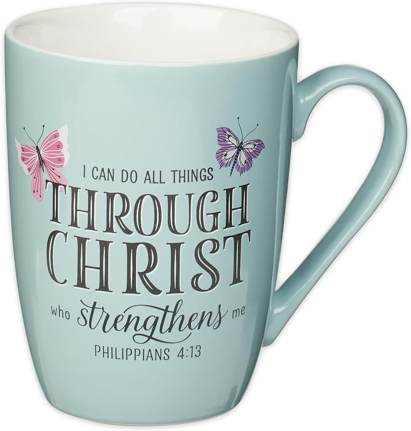 Christian Art Gifts Inspirational Microwave/Dishwasher Safe Ceramic Coffee & Tea Scripture Mug for Women: All Things Through Christ Encouraging Bible Verse, Cute Butterflies, Light Blue/White, 12 oz.