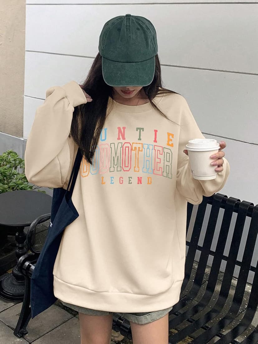 KIDDAD Women's Auntie Sweatshirt Cool Aunt Godmother Legend Crewneck Pullover Top Long Sleeve Graphic Aunts Shirt