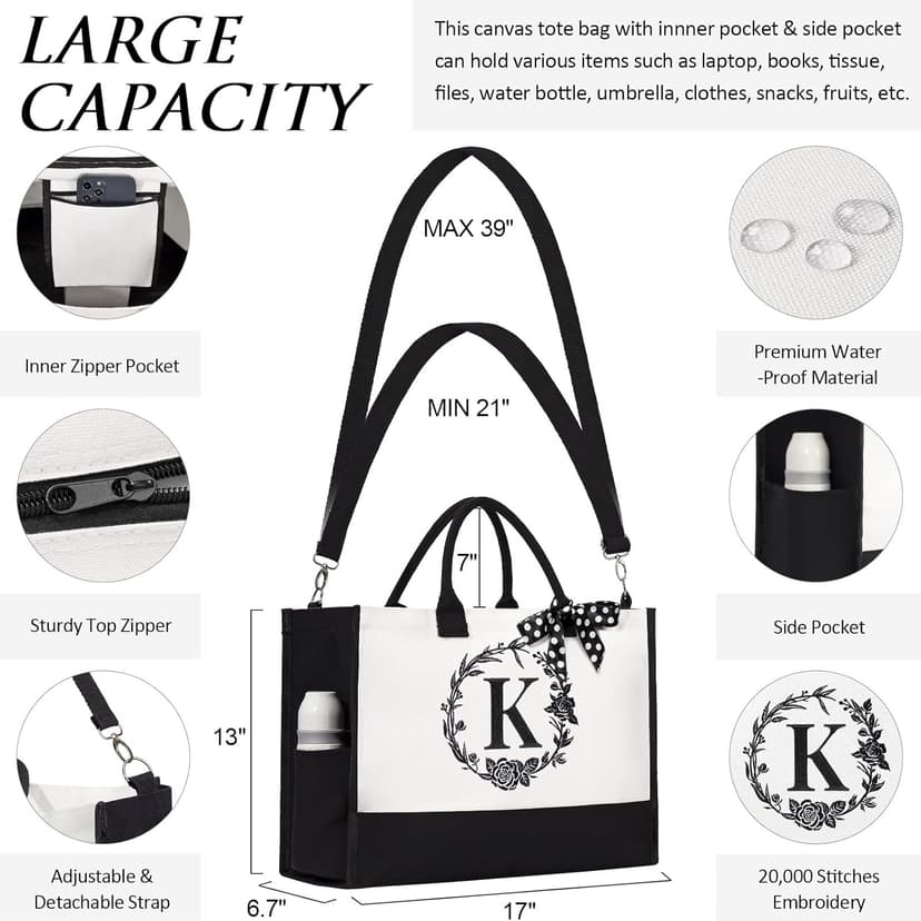 Personalized Christmas Gifts for Women, Initial Canvas Tote Bag & Makeup Bag Monogrammed Beach Tote Bags for Women w/Zipper, Birthday Gifts for Mom Her Sister Friend Girlfriend Wife Daughter Teacher