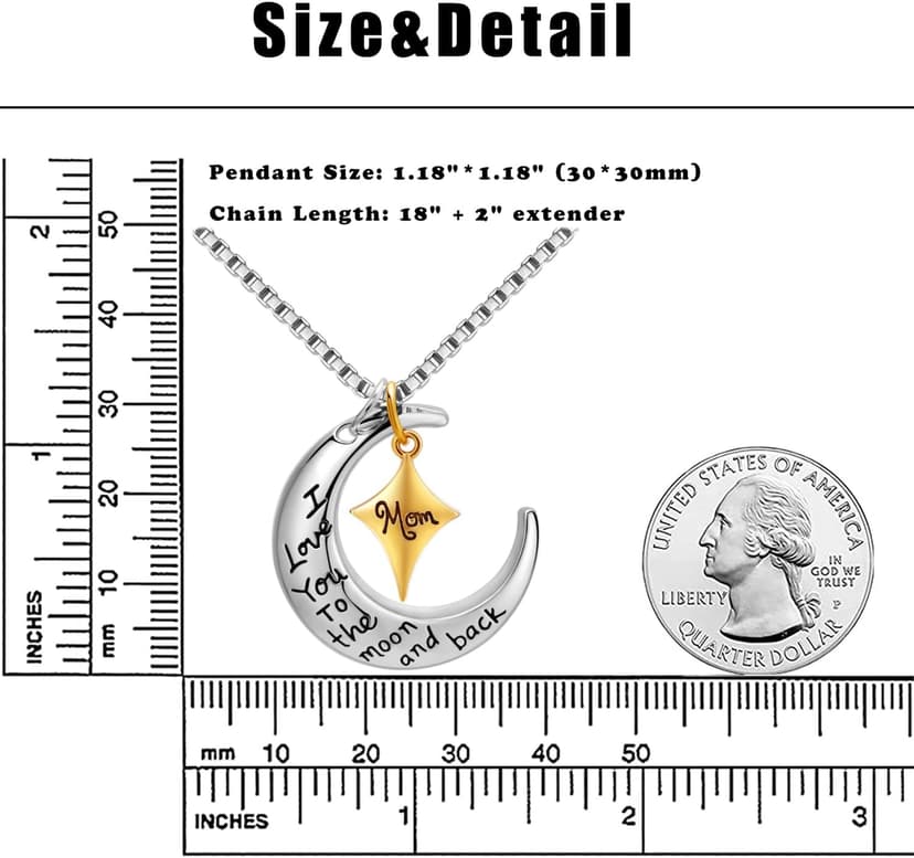 POWER WING Mom Necklace for Women Mom I Love You to The Moon and Back Moon Star Pendant Necklace Birthday Presents for Mom Mothers Gifts from Daughter Son