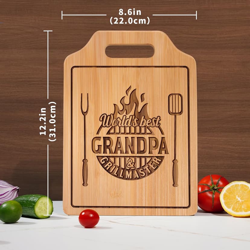 AceThrills Grandpa Gifts for Grandpa Birthday, Christmas, Fahthers Day - Grill Master Engraved Bamboo Cutting Board 12.3"L x 8.7"W x 0.4"Th (World's Best Grandpas)
