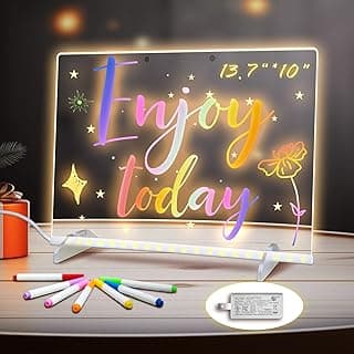 LED Note Board with Colors, 13.7"X10" 4 Modes & 7 Colors Acrylic Dry Erase Board with Light, Include Adapter, Hanging Chain, Led Drawing Board for Kids with Stand, 7 Markers, Spray Bottle