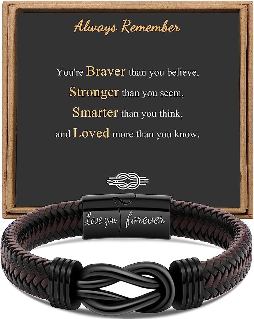 Gift for Men Infinity Bracelet for Men Dad Husband Boyfriend Son Grandson Brother Nephew Uncle Brown Braided Leather Forever Linked Together Stainless Steel Engraved with Love You Forever Jewelry 7.5|8.5|9 Inches