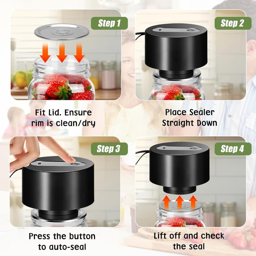 Electric Mason Jar Vacuum Sealer: Upgraded 3-in-1 Portable Vacuum Sealer Kit - for Mason Jars Vacuum Seal Bags & Containers - Ideal for Jams Pickles Dry Foods Grains Black