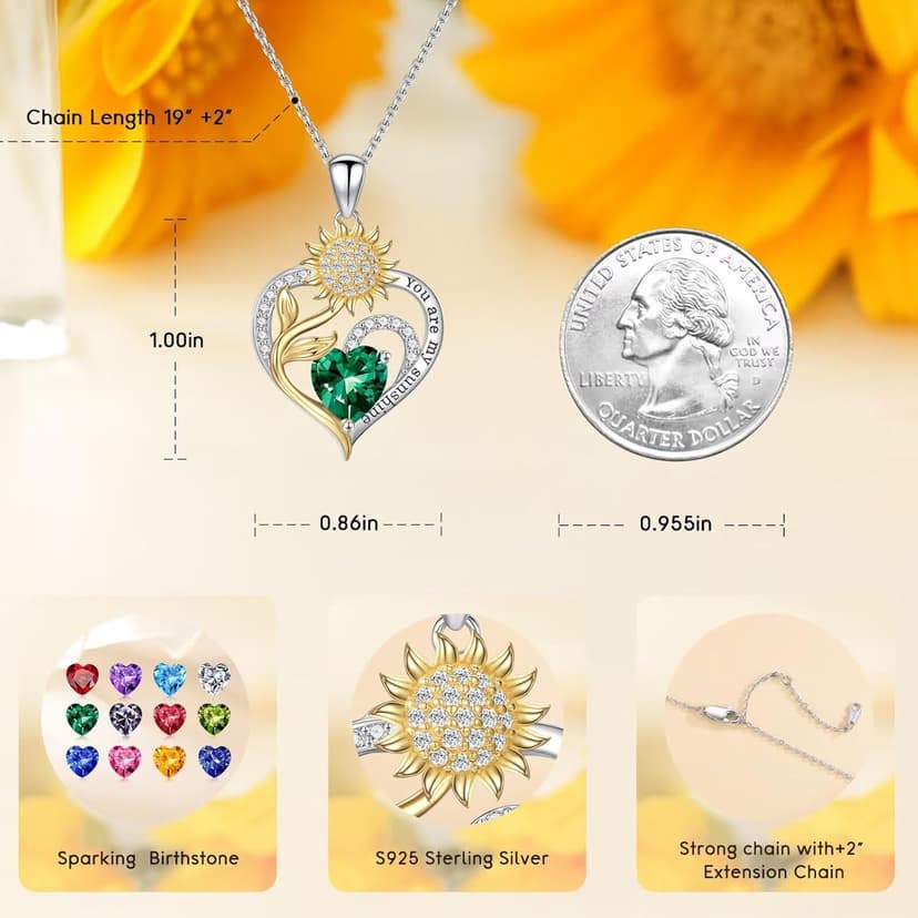 Iefil Christmas Gifts for Women Wife Mom - Sunflower Birthstone Necklace for Women, Anniversary Birthday Gifts 925 Sterling Silver Heart Pendant You Are My Sunshine Jewelry for Girlfriend Mom Daughter