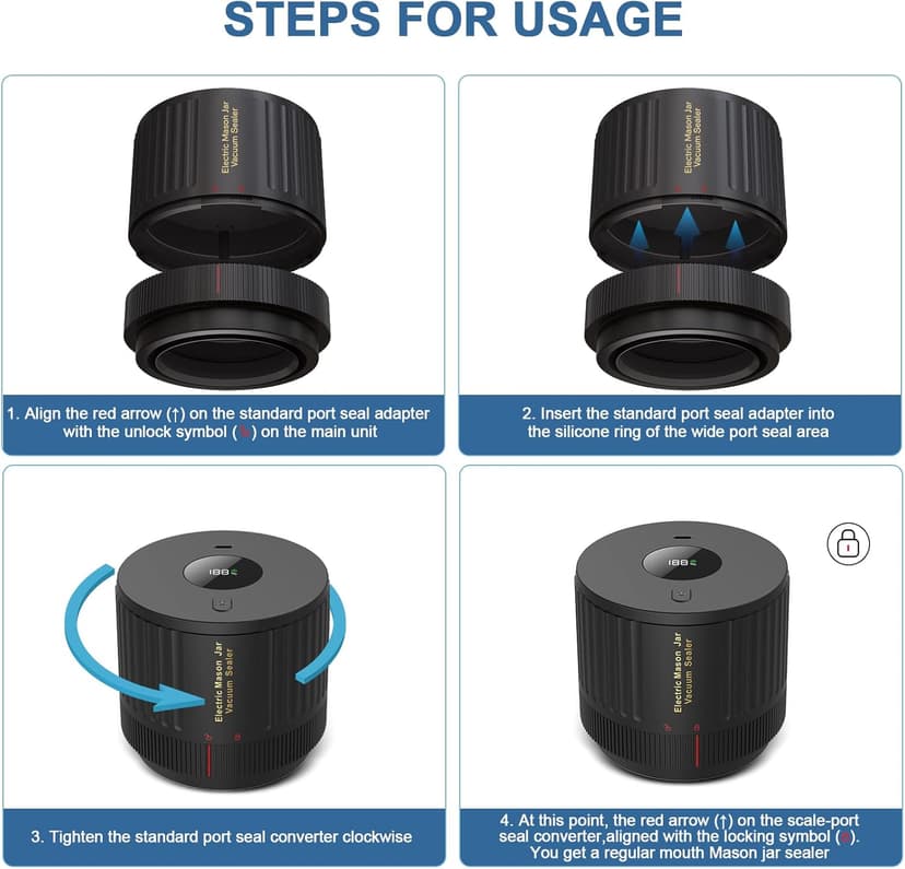 Electric Mason Cordless Vacuum Sealer Kit for Wide-Mouth & Regular-Mouth Mason Jars, for Food Storage and Fermentation, Black