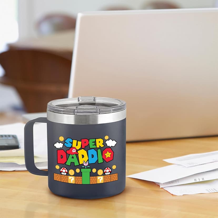 Gossby 14oz Super Daddio Travel Coffee Mug Tumbler - No. 1 Dad Nutrition Facts - Christmas, Fathers Day, Birthday Gift for Dad from Daughter Son Kid - Insulated Stainless Steel Cup with Handle