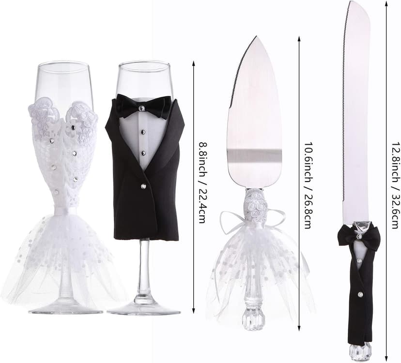 4 Piece Wedding Reception Supplies Wedding Toasting Flutes and Cake Server Set -2 Champagne Glasses, 1 Cutting Knife and 1 Pie Server, Bride and Groom Gifts Wedding Gifts (Gorgeous)