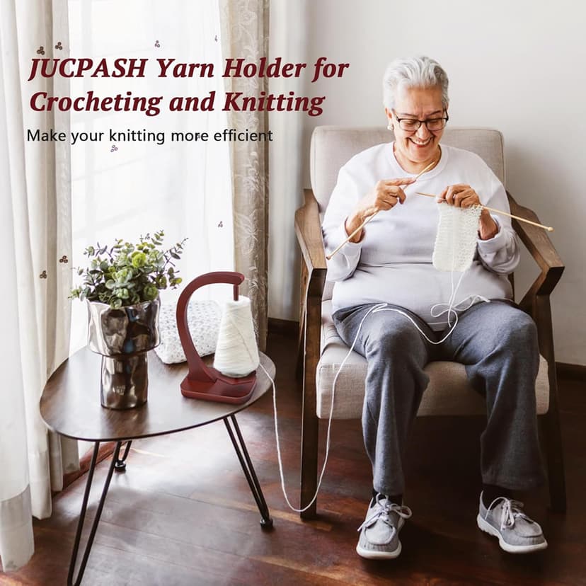 JUCPASH Yarn Holder for Crocheting and Knitting, Wooden Yarn Spinner with Magnetic Rotating Mechanism and Anti-Slip Pads, Crochet Gift for Knitting Lovers - Brown