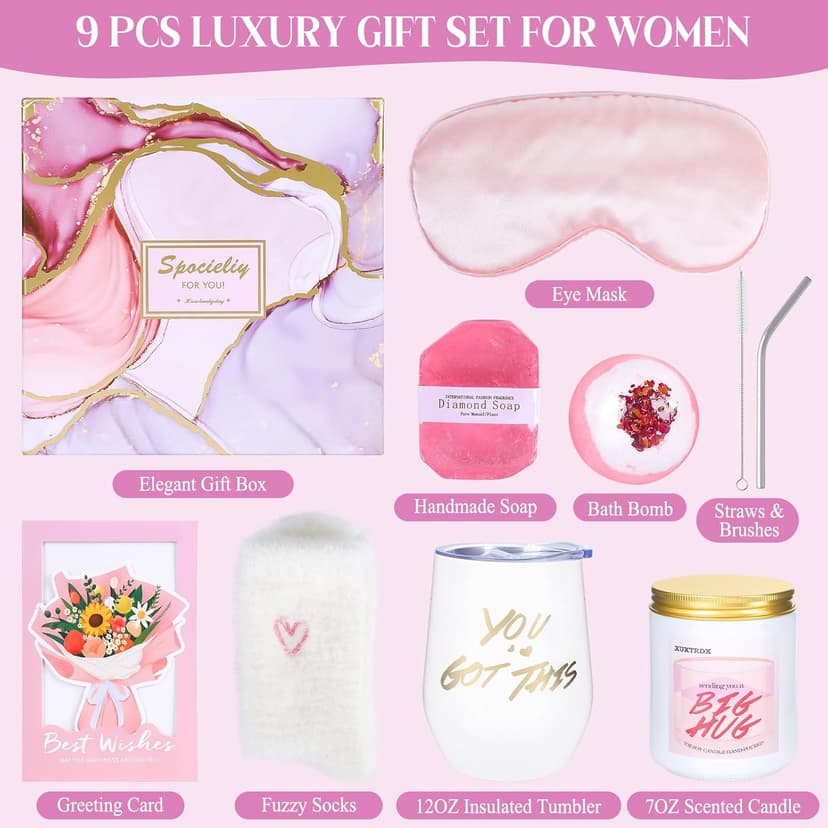 Birthday Gift for Women, XUXTRDX Set of 9 Get Well Soon Gift Baskets Spa Gifts Personalized Gift Basket for Her Mom Sister Friend Wife Girlfriend Coworker