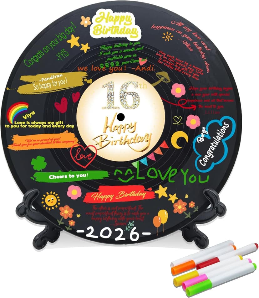 Vinyl Record Sweet 16 Birthday Decorations 11.6"X11.6", 16th birthday decorations Party Favor Sign Poster, 16th Birthday Guest Book Alternative, Great Sweet 16 Gifts for Girls or Boys (16 Years Old)