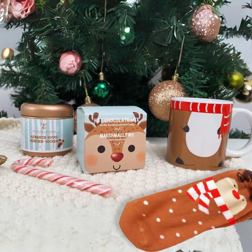 Hot Chocolate Gift Set With Reindeer Mug - Sachets, Mini Marshmallows, Candy Canes and Socks Included