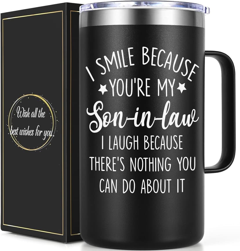 Lifecapido Son in Law Gifts, I Smile Because You’re My Son-in-law 20oz Insulated Coffee Mug, Birthday Christmas Gifts for Son in Law, Black