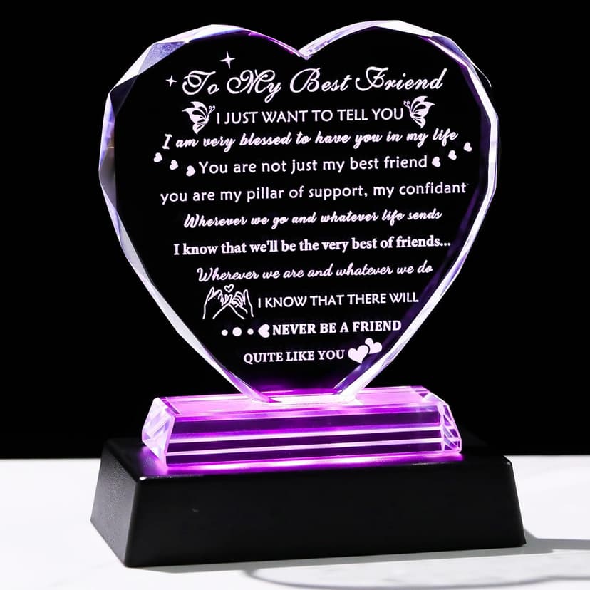 YWHL Best Friend Birthday Gifts with LED Base Bestie Gift for Women Crystal Heart Friendship BFF Gifts for Women Gift Ideas for Best Friend Female on Christmas