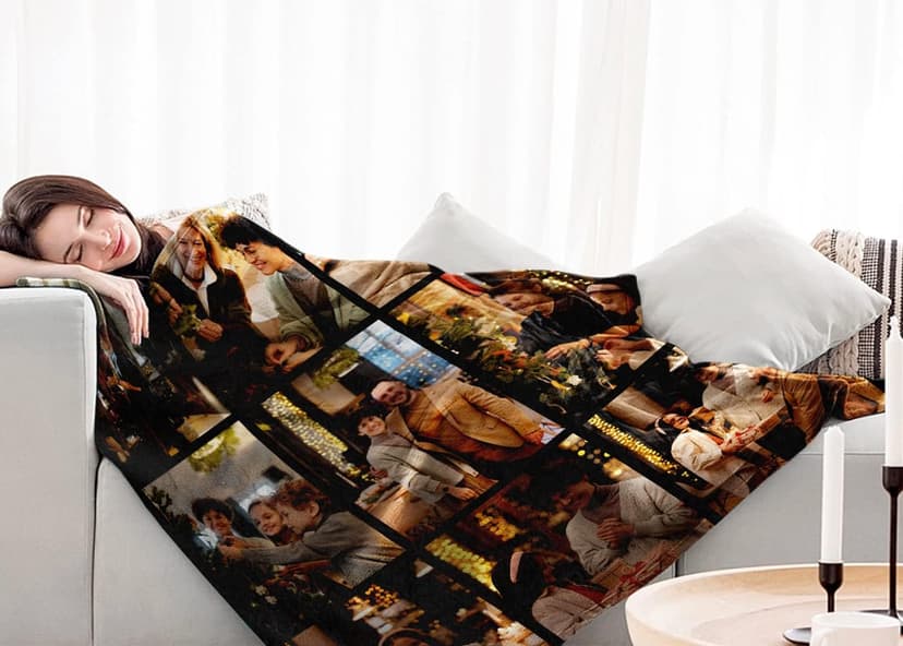 Yoke Style Ships Next Day, Custom Blanket with Picture, Personalized Throw Photo Blankets Customized Photo Gifts for Mom Dad Women Family - 9 Photos