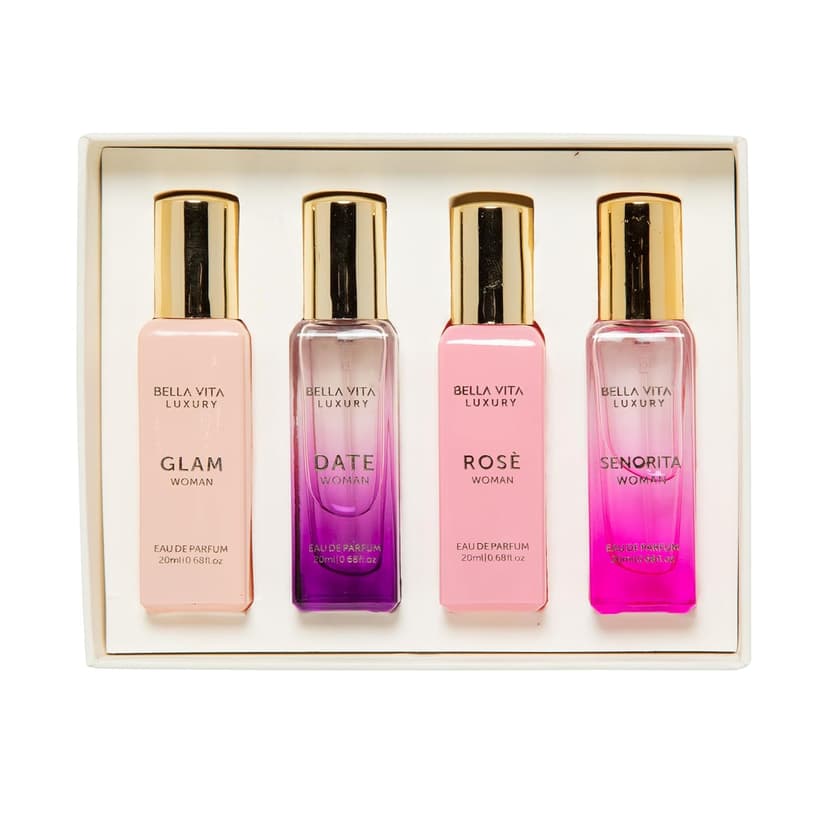 BellaVita Luxury Women's Perfume Gift Set (4x20ml) | Notes of Floral, Sweet, Spicey Red Fruit, Vanilla & Musk | DATE, SENORITA, GLAM & ROSE | French Parfum Collection Gift Set