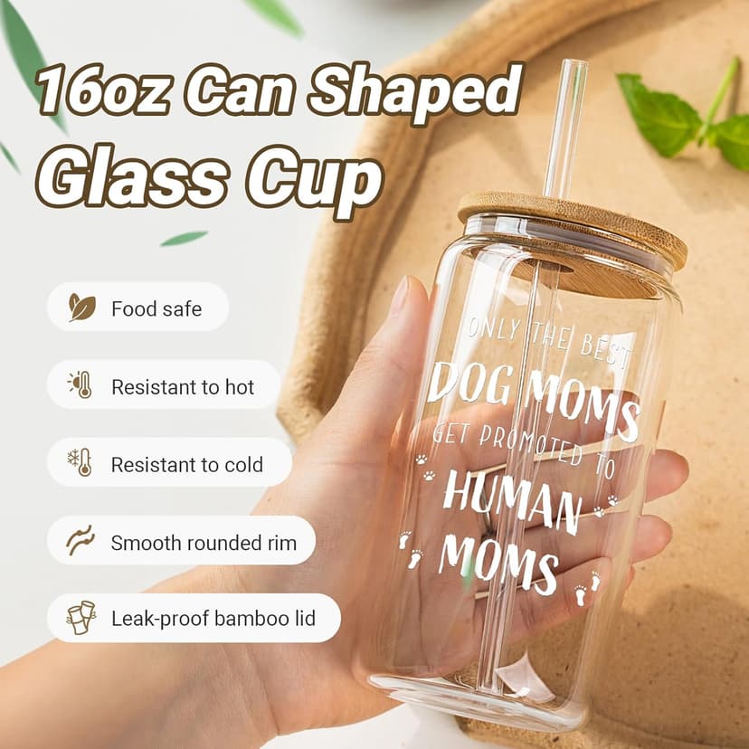 New Mom Gifts for Pregnant Women, 16oz Drinking Glass Cup with Lid and Straw, Funny Dog Mom Pregnancy Gift for Expecting Mom, Mother to be - Postpartum, Mothers Day, Birthday Gifts for First Time Moms