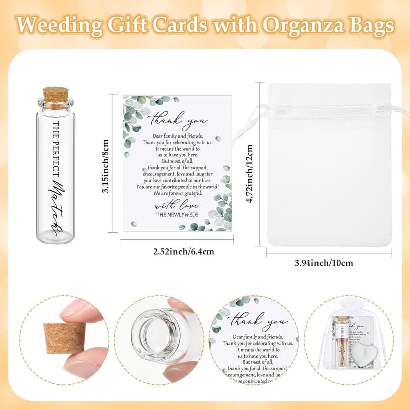 50 Sets Wedding Party Favors for Guests Bulk Including Mini Heart Shaped Candles and Empty Matches Jars with Cork Top Thank You Cards and Organza Bags for Wedding Bridal Shower Party Souvenir